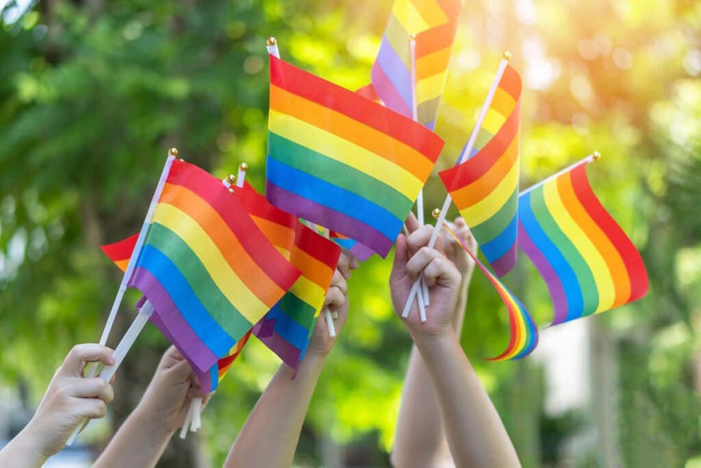 LGBT pride or LGBTQ+ gay pride with rainbow flag for lesbian, gay, bisexual, and transgender people human rights social equality movements in June month