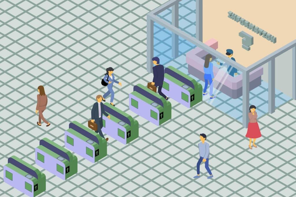 An illustration from above of passengers entering and exiting the ticket gates in a Japanese train station.