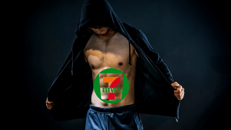 Man showing off his six-pack created by 7-11