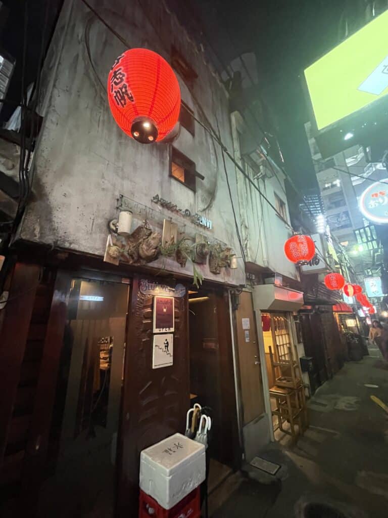 Red lanterns hang above the narrow entrances to small concrete buildings that house the bars of Nonbei Yokocho. 