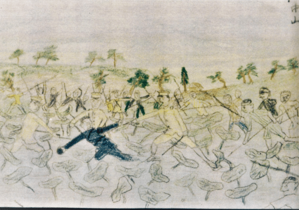 A child's depiction of Koreans running from Japanese police officers and vigilantes.