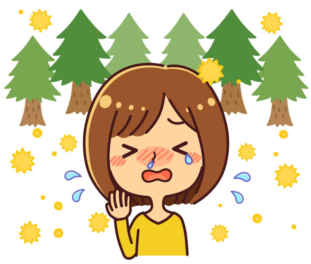 A cartoon woman squints, her eyes wet, face breaking out, as she is surrounded by hay fever pollen from cartoon trees.