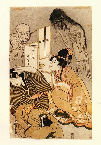 Women in kimono tormented by ghosts in an ukiyo-e painting themed around kaidan.