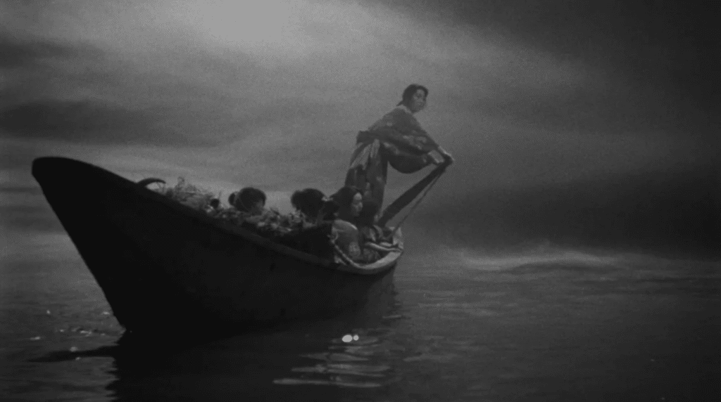 A woman in Japanese peasants garb steers a boat through the fog in the film Ugetsu.