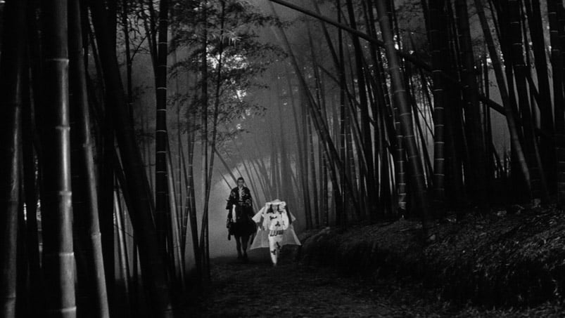 A woman in white kimono leads a man on horseback through a misty bamboo thicket in the film Kuroneko.