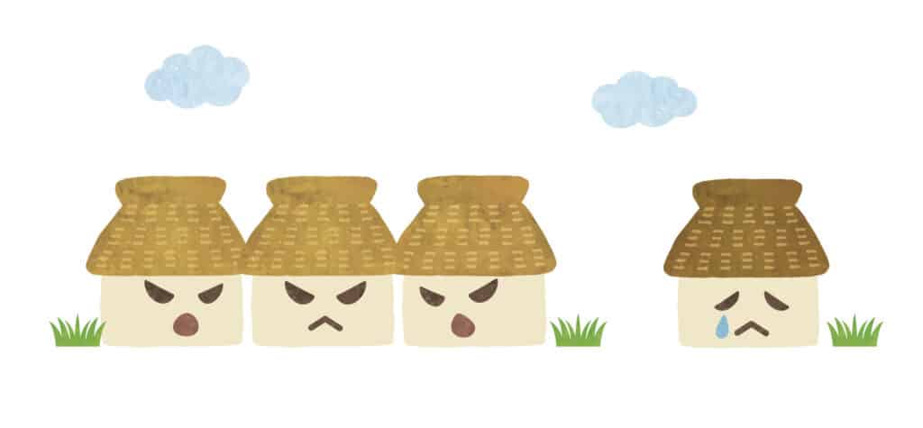 The phenomena of Murahachibu is depicted via a drawing of three village houses angrily talking with each other while an isolated house cries.