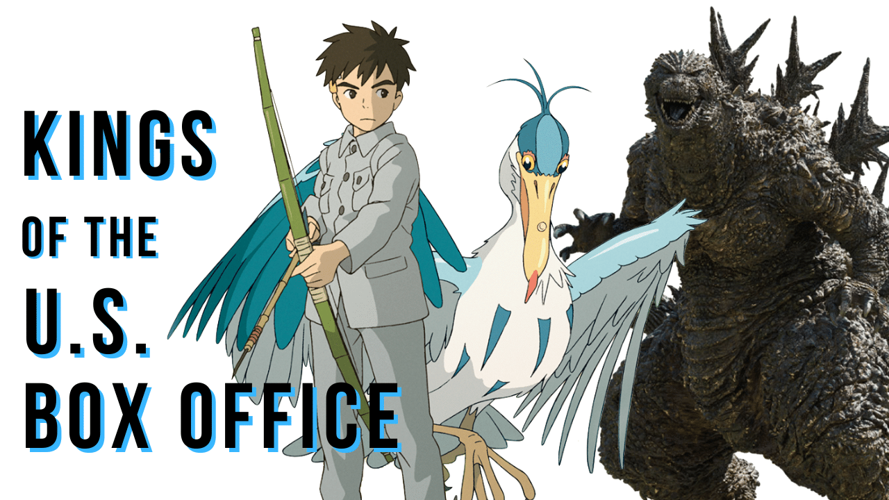 The titular Boy and the Heron as well as Godzilla from Godzilla Minus One on a blank background next to text "King of the U.S. Box Office.'
