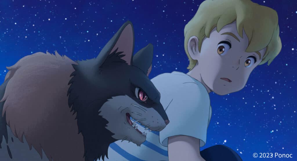A blonde boy looks at a fierce cat with sky full of stars behind them in Studio Ponoc's The Imaginary.