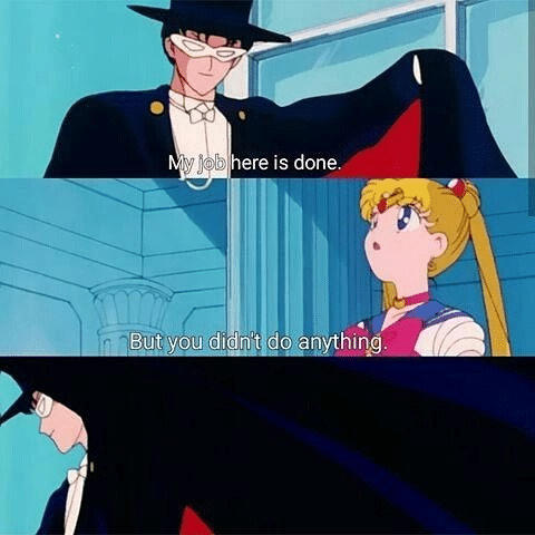 Sailor Moon and Tuxedo Mask: "My job here is done." "But you didn't do anything." 