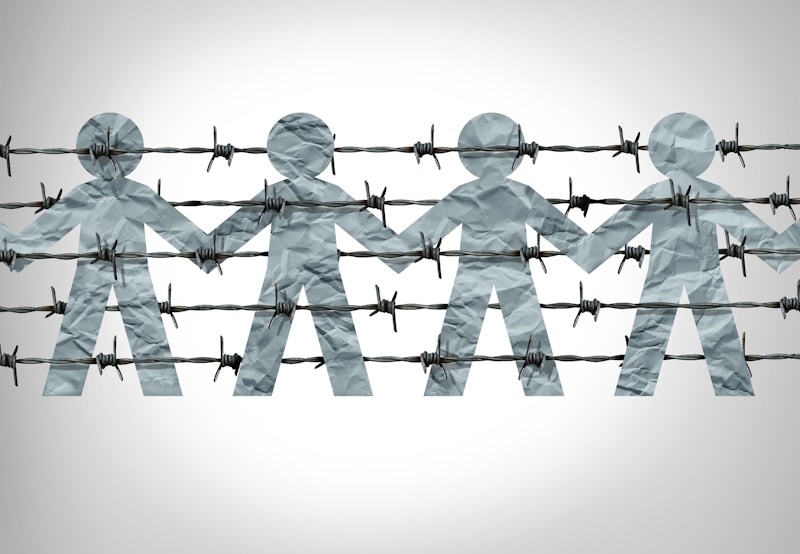 Picture of human cutout figures behind barbed wire