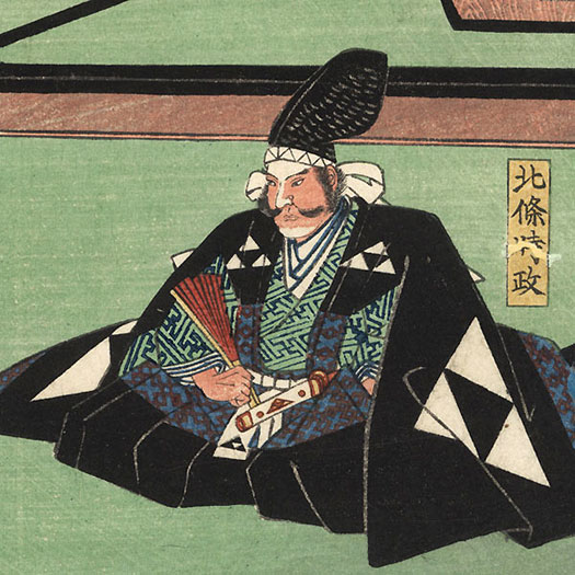 Hojo Tokimasa depicted in woodblock print wearing black robes with Hojo family seal on sleeves.