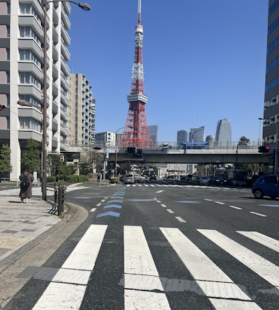 Tokyo Tower seen from the road on a bicycle - bicycling in Japan story