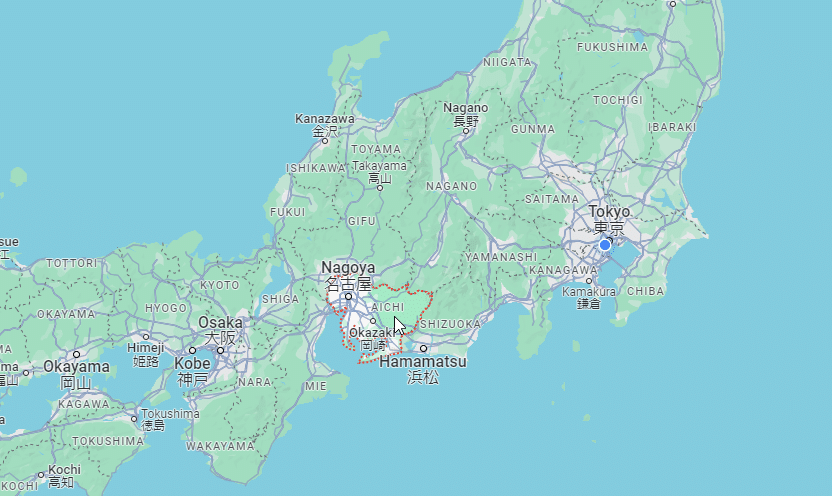 Location of Aichi Prefecture relative to Tokyo