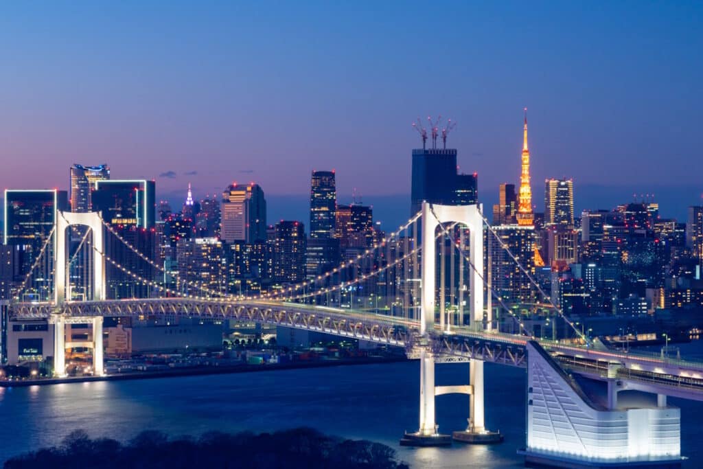 Tokyo and the Rainbow Bridge at night