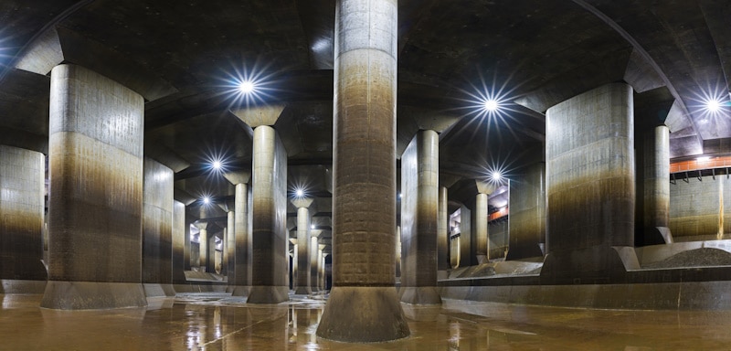 A panoramic view of Tokyo's Metropolitan Area Outer Underground Discharge Channel.