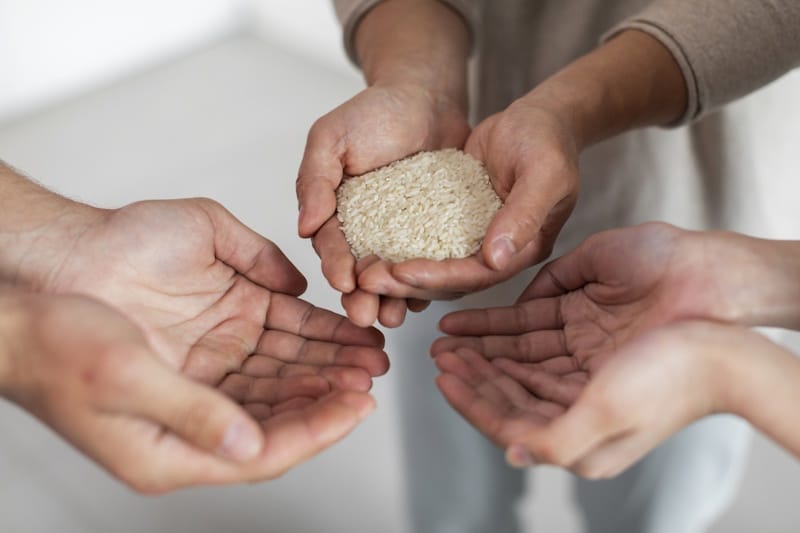 Person holding rice out for others