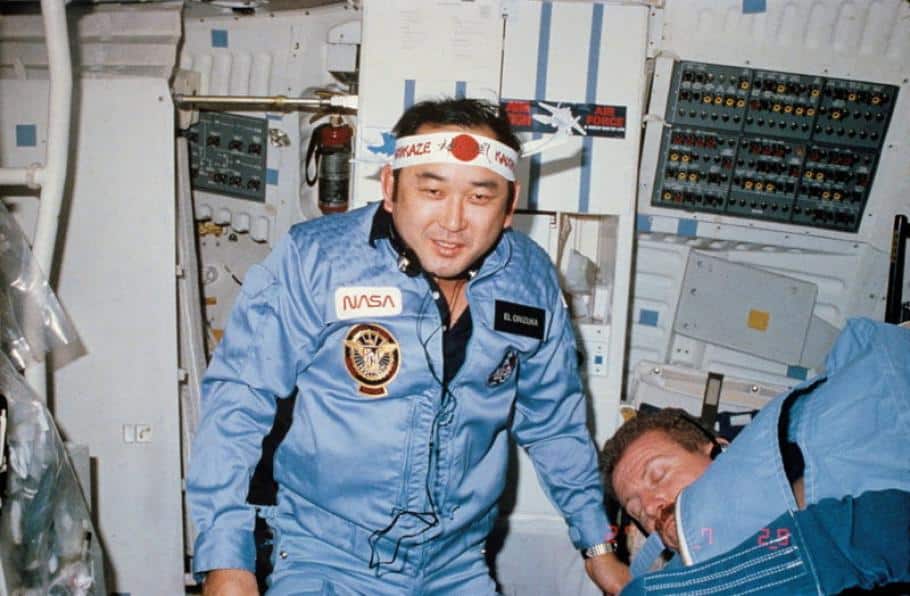 Ellison Onizuka, the first astronaut of Japanese descent, in space with a hachimaki headband on.