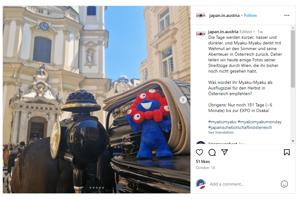 Instagram post for the Japan in Austria account advertising the Osaka Expo