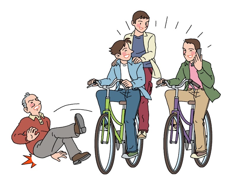 Bicyclists knocking a man over while talking on their cell phones