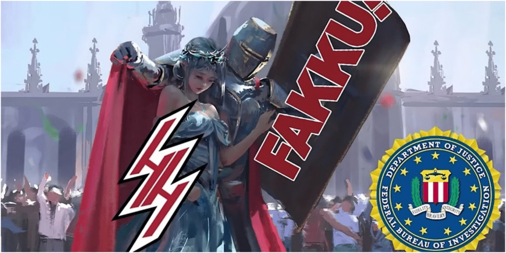 Meme shared by Hentai Haven showing HH as a maiden being protected by FAKKU, the knight