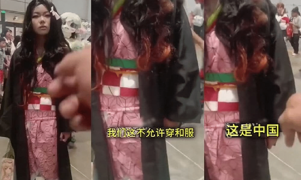 Screenshots of a woman kicked out of a cosplay event in Jinan, China, for dressing as a character from Demon Slayer.
