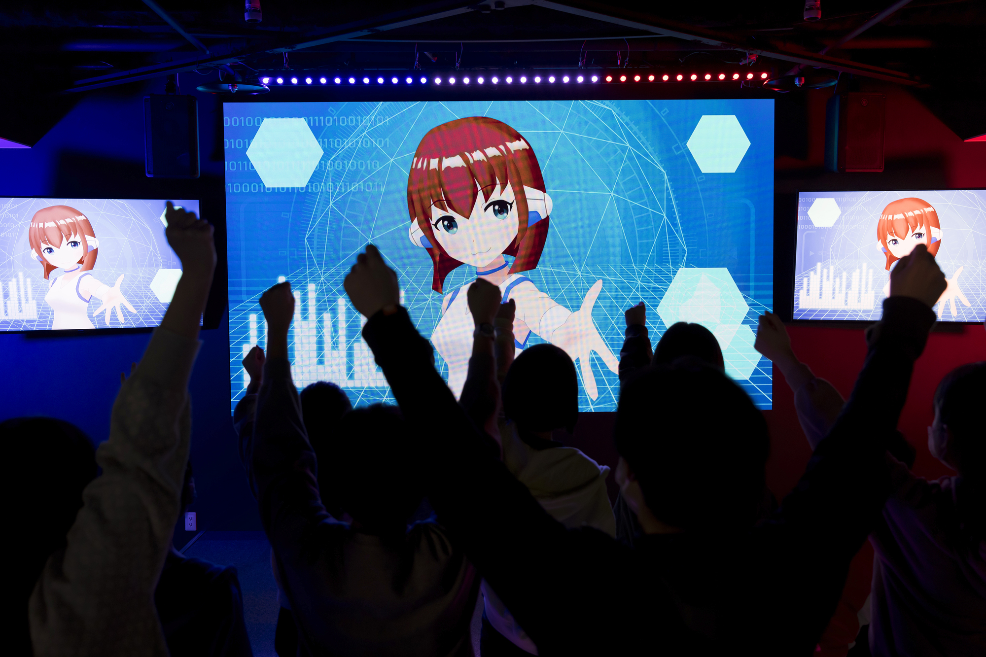 A crowd whoops and hollers in front of a vtuber projection in this illustration.