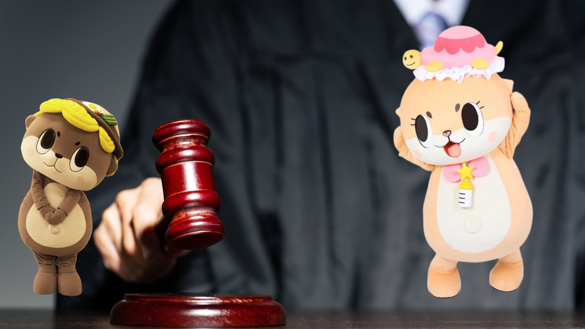 Chiitan wins court verdict against city - picture of a judge banging a gavel with Susaki City mascot Shinjo-kun standing on the left and Chiitan on the right