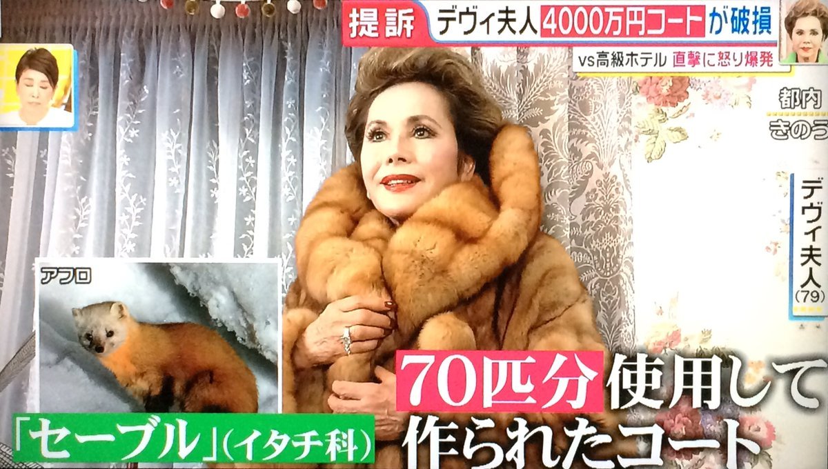 Dewi Sukarno in a TV segment with her expensive fur coat that she claims a hotel ruined