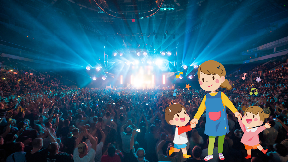 Picture of a rock concert (glowing lights on a center stage, fans shouting all around) with a drawing of a day care worker holding the hands of two kids, a boy on the left and a girl on the right, in the foreground