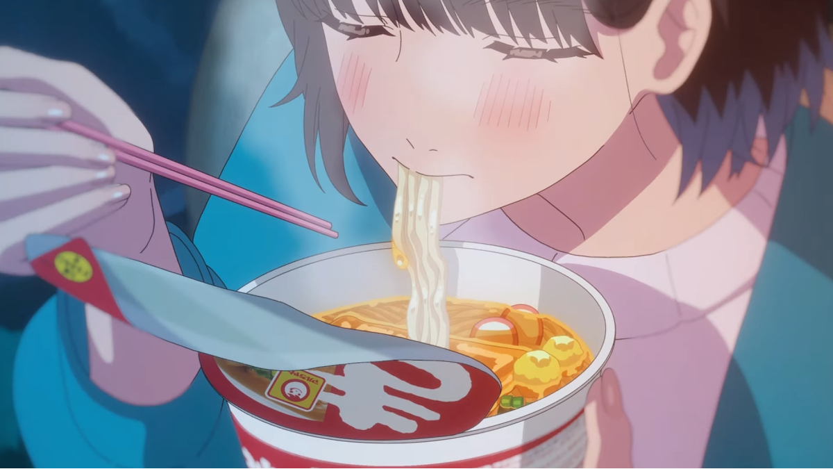 Maru-chan Akai Kitsune Udon commercial - animation of young woman eating udon with a flushed face