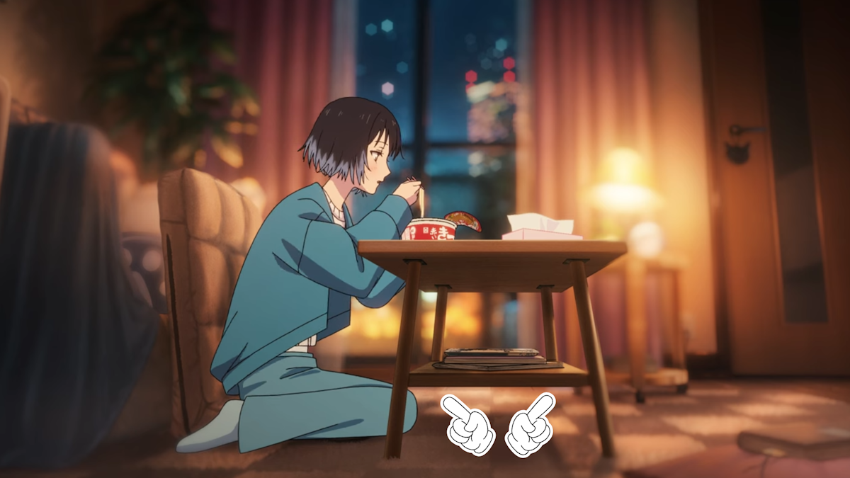 Maruchan ad - scene showing the woman eating udon from the side. The table on which her udon rests appears to be missing its left side legs.