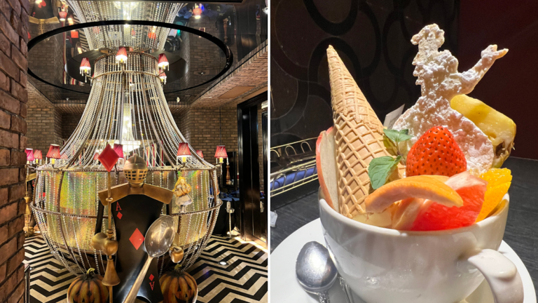 Old Castle Alice in Ikebukuro - left: a chandelier-shaped table with a Hearts gard standing in front of it; right - a delicious fruit and ice cream parfait