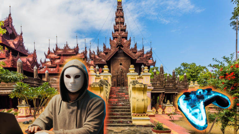 Scammers in Myanmar - picture of Shwe in Bin Monastery in Mandalay in the background, a scammer in a mask on a computer on the left, and a video game controller on the right