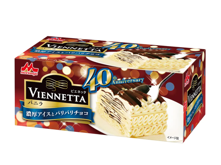 Viennetta - Japanese packaging from Morinaga for its 40th anniversary. Shows a picture of the cake, which is a white ice creame shaped in folds with a chocolate sauce on top and chocolate in-between each fold