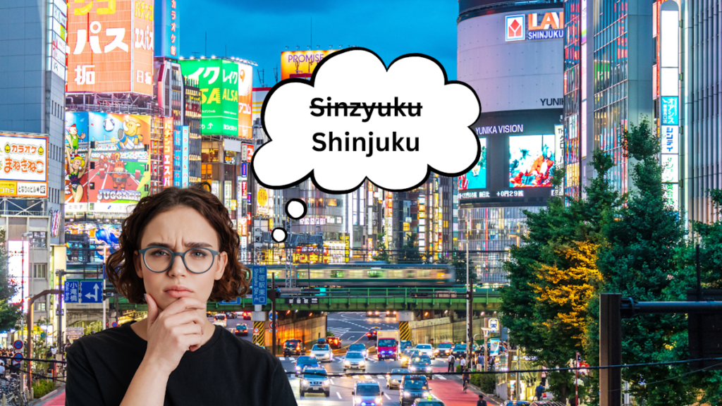 Hepburn Romanization- woman in front of a picture of downtown Shinjuku thinking it could be spelled "Sinzyuku" but changing her mind