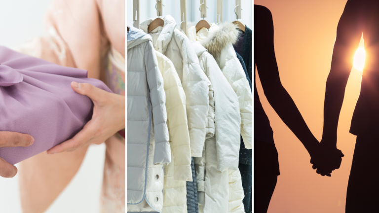 Dead Japanese Words - pictures of a furoshiki, hangers and coats, and a couple holding hands