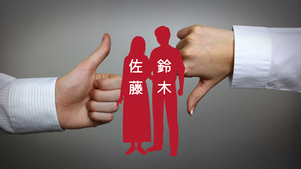 Picture of silhouette of a woman and a man in red against a thumbs up/thumbs down backdrop. The woman is labeled "Sato" and the man is labeled "Suzuki," two different Japanese last names
