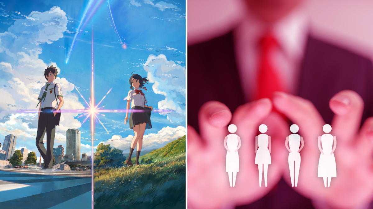 On left: Poster for Your Name. On right: Man in suit in background reaches out his hands to foreground to try and grab silhouette figures of four women
