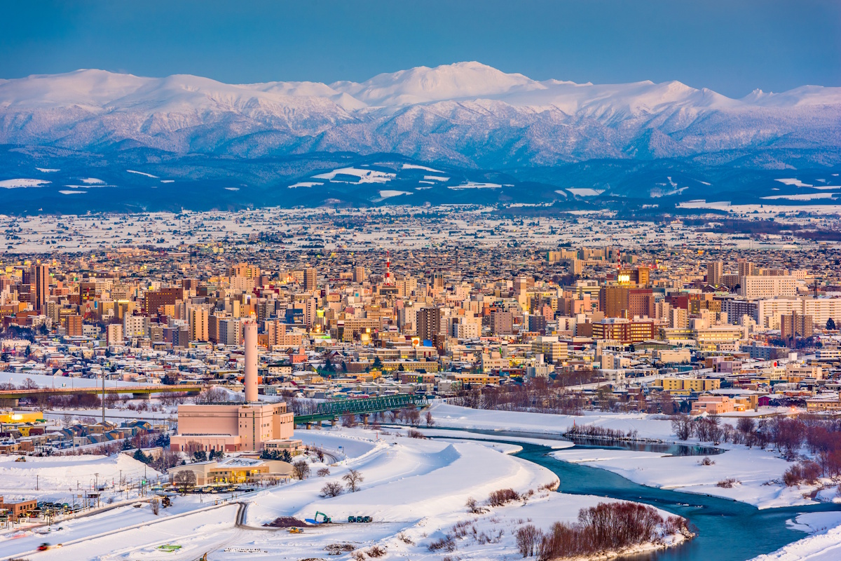 Asahikawa, Hokkaido, Japan skyline in the winter.