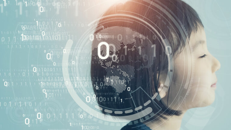 An AI-ish style white HUD-like display superimposed on a picture of a young Asian girl in profile looking to the right