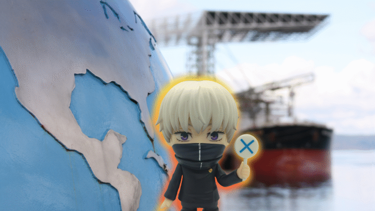 Good Smile shipping - Toge Inumaki nendoroid figure holding up an X sign against a picture of a ship traveling to the US
