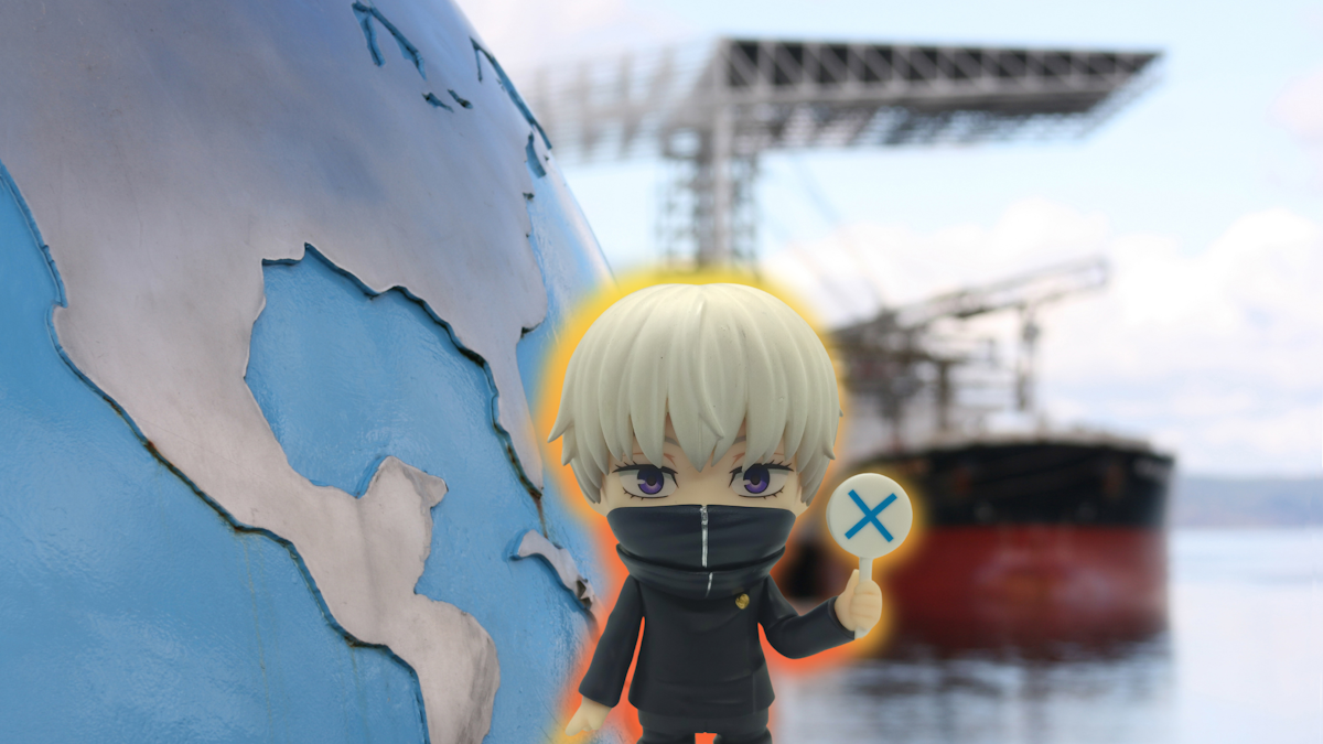 Good Smile shipping - Toge Inumaki nendoroid figure holding up an X sign against a picture of a ship traveling to the US