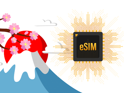 An eSIM can get you a Japanese phone number during your trip. (Pictured: Drawing of an eSIM against a stylized drawing of Mt. Fuji with a cherry blossom branch in front of it)