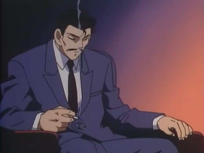 Mori Kogoro sleeping with ashes falling off of his cigarette in his right hand