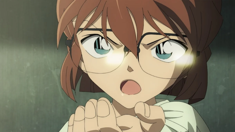 Haibara AI in glasses with her hand stetched out to the screen