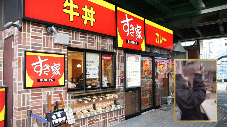 Sukiya Food Terrorism - picture of woman drinking directly from a tea pitcher with a Sukiya shown in the background
