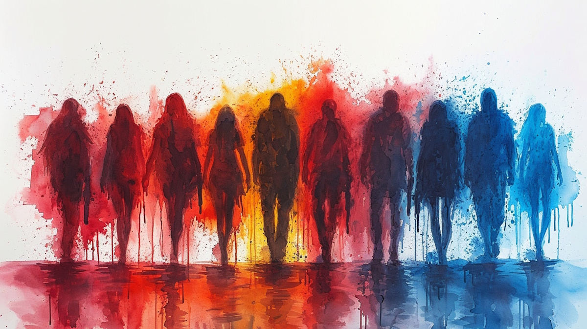 Silhouettes of people in multiple colors with the colors dripping around them