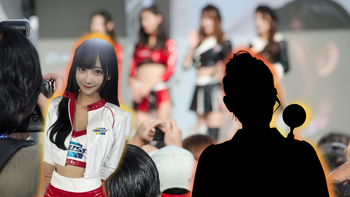 Race queen detective - silhouette of a woman with a magnifying glass in front of a picture of a number of racing idols