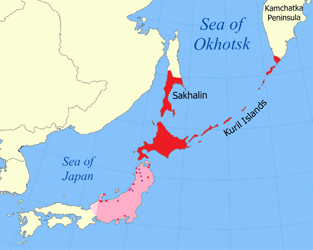 Map highlighting the historical range of the Ainu across Hokkaido, Sakhalin, the Kuril Islands, and northern Honshu.