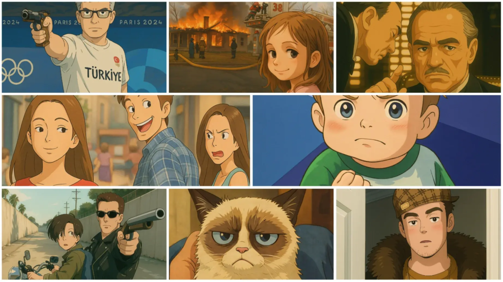 Grid of AI-generated images mimicking the Studio Ghibli art style, featuring recognizable characters and internet memes.